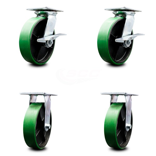 8 Inch Green Poly on Cast Iron Caster Set with Ball Bearing 2 Brakes and 2 Rigid